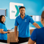 YMCA staff greeting members at the welcome center desk.