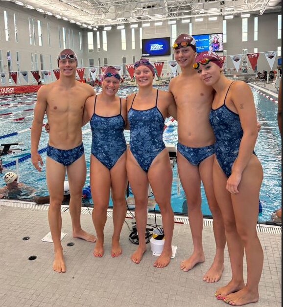 Reading Y Swim Team at 2025 YMCA National Long Course Championships. Reading YMCA Swimmers Pictured (L-R):  Logan Sensenig, Ava Knopsnyder, Alexis Nonnemacher, Jack Martin, and Abigail Kissling