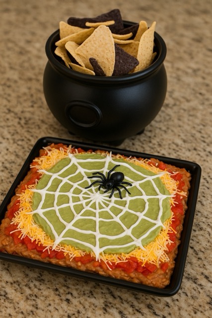 Halloween spider web bean dip layered with guacamole, salsa, and cheese on a round platter